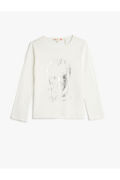 Koton Atatürk bedrucktes T-Shirt aus glänzender Baumwolle mit langen Ärmeln u...