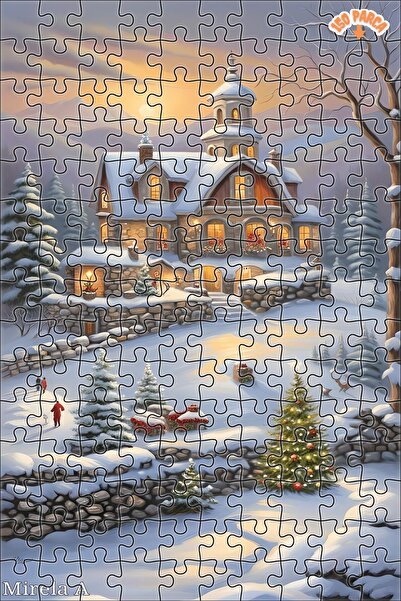 Teona Ahşap Karlı Dağ Manzaralı Kış Köşkü Dekoratif Çift Katlı Çerçeveli Asılabilir Ahşap Puzzle 150 PARÇA 30X20
