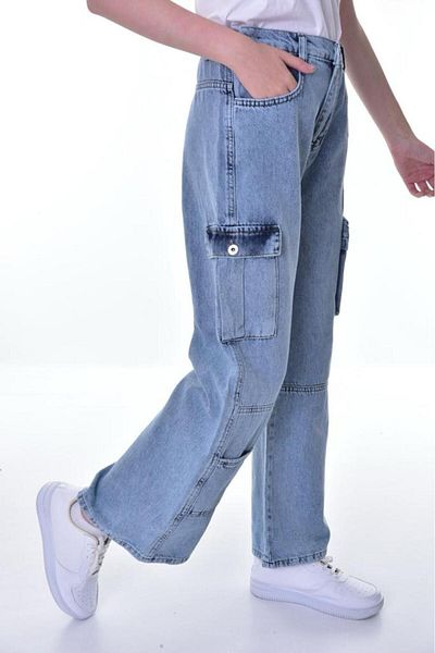 Asortix Children's Cargo Pocket Detailed High Waist Wide Leg Jeans