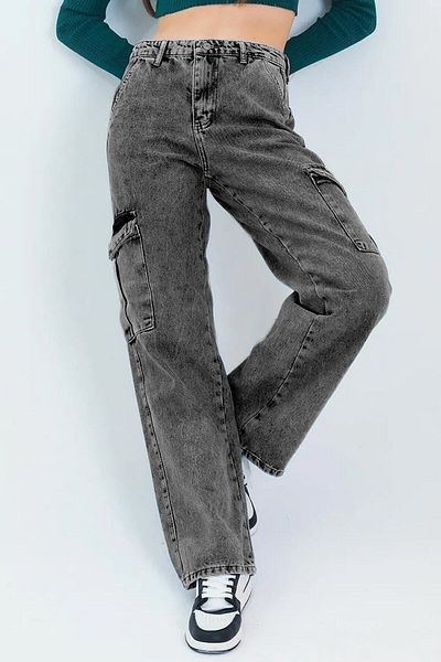 Asortix Girl's Cargo Pocket Detailed High Waist Wide Leg Jeans