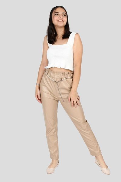 Asortix Girl's Lycra Fabric Waist Elastic Faux Leather Skinny Leg Trousers
