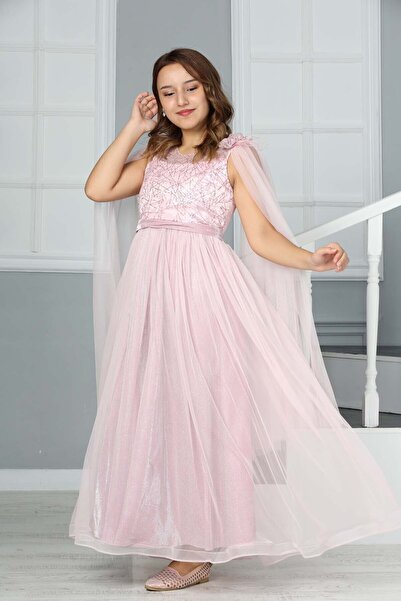 Asortik Kids Girl's Long Evening Dress with Tulle Detail on the Shoulder Wedding Dress