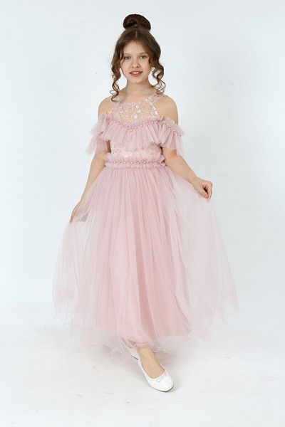 Asortix Girl's Tulle Fabric Embroidered Lined Sleeveless Long Night Party Graduation Elegant Evening Dress