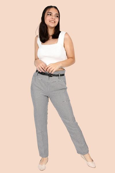 Asortix Girl's High Waist Belted Slim Leg Houndstooth Patterned Fabric Trousers