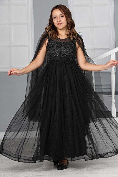 Asortik Kids Дівчача довга вечірня сукня з тюлевими деталями на плечах, весіл...