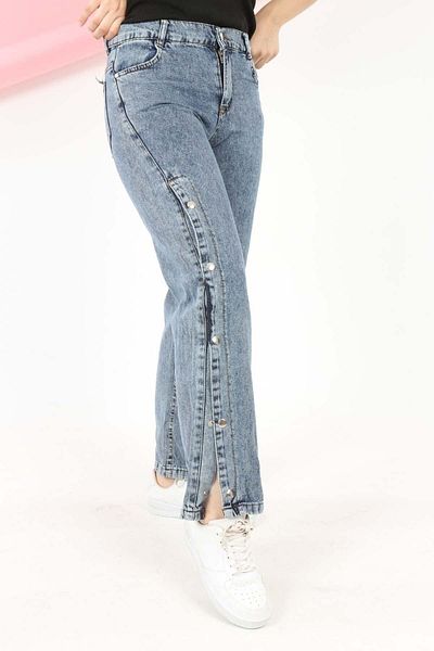 Asortix Blugi din denim pentru fete cu picioare largi, cu nasturi laterali