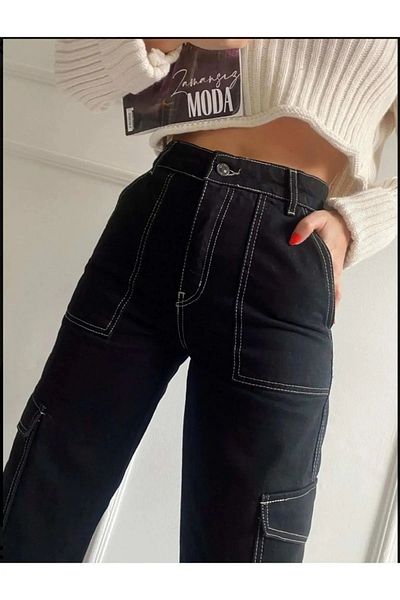 Asortix Girl's Black Reverse Stitch Detailed Denim Cargo Pants Denim Jean
