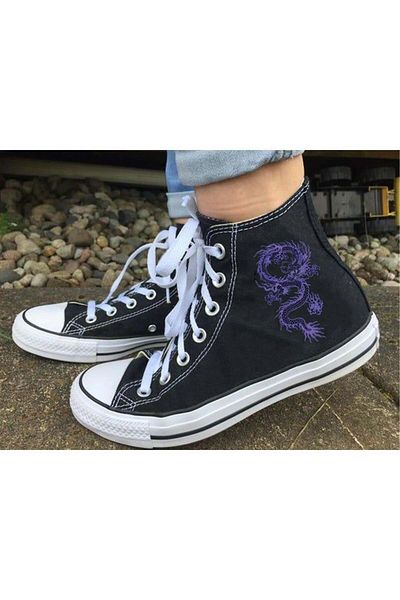 Touz Unisex Black Canvas Shoes - Blunt Blunt Purple Dragon Printed