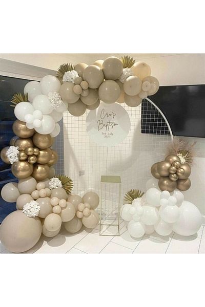 Öz-bal 75 Pieces Pastel and Chrome Balloon Chain Set - White, Sea Sand and Chrome Gold Colored Balloons