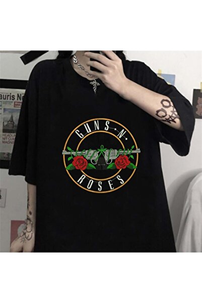 Touz Moda تيشيرت أسود بطبعة Guns N' Roses للجنسين بقصة أوفرسايز