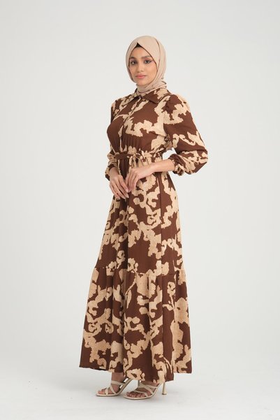 LİVE SPORT Women's Meterage Printed Woven Crepe Collared Long Dress - Brown