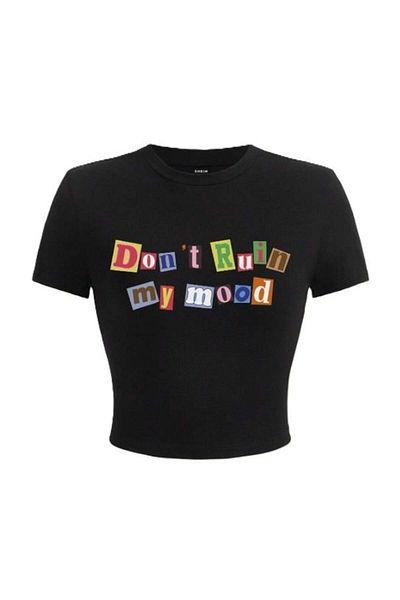 Touz Moda Y2k Slogan Printed Black Crop