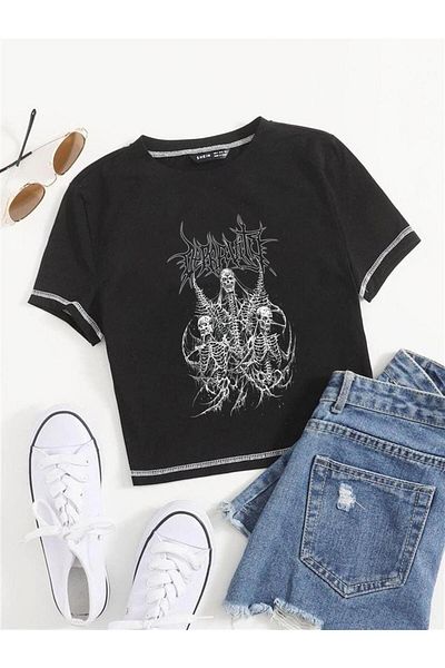 Touz Moda Triple Skeleton Printed Backstitch Black Crop