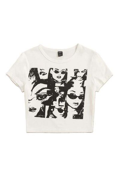 Touz Moda 90s Figure Face Printed White Crop