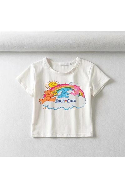 Touz Moda Bears In The Sky Printed White Crop