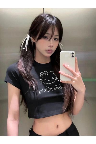 Touz Moda Black Crop Hello Kitty Επεξεργασία πέτρας