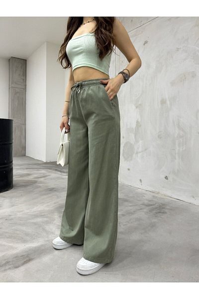 BİKELİFE Damenhose aus Leinen mit Gummibund und hoher Taille und lockerer Passform