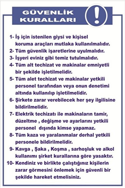 BAYSAN YANGIN Pvc Dekota Uyarı - Ikaz Levhası Iş Yeri Güvenlik Kuralları Tali...