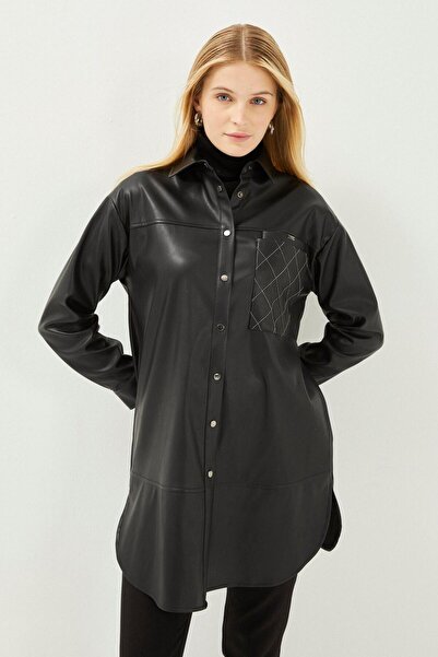 Zühre Gömlek Yaka Cep Detaylı Siyah Deri Tunik T-1408
