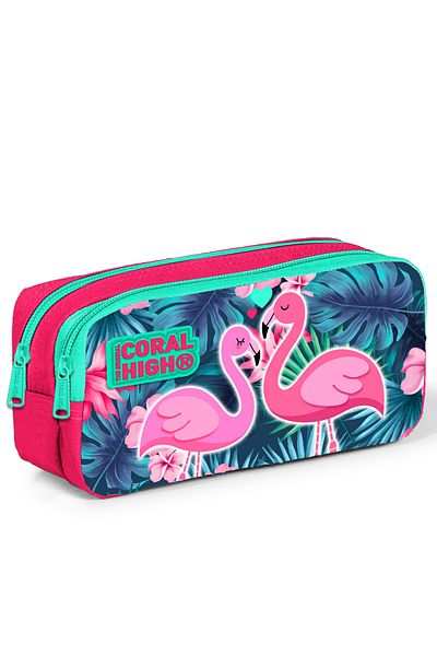Coral High Παιδική τσάντα στυλό νέον Coral Water Green Flamingo με μοτίβο δύο τμημάτων 22295