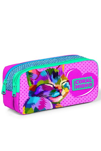 Coral High Παιδική τσάντα στυλό δύο τμημάτων ροζ μπλε Glitter Cat Pattern 22185
