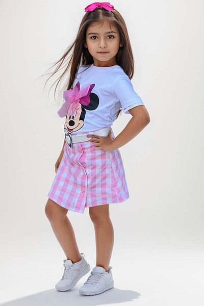 Riccotarz Set tricou și fustă cu model în carouri pentru fetiță cu imprimeu Minnie - Detaliu fundă din tul