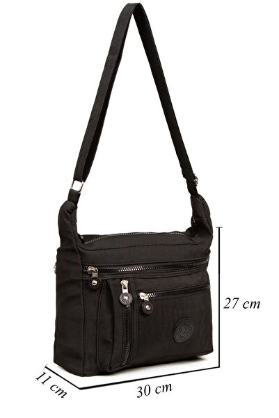 Favori Çanta Women's Black Crinkle Fabric Medium Size Crossbody Multi-Compart...