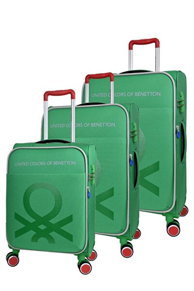 Benetton Ultra Lüks Ekstra Hafif Kabin Orta Ve Büyük Boy 3'lü Set Yeşil Kumaş Valiz