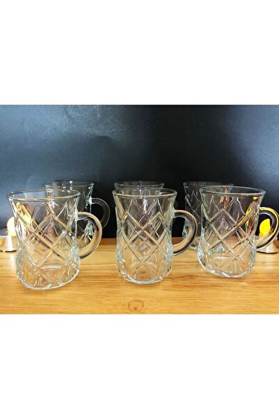 DİBA AVM Kristal Kesme Cam Çay Bardağı Çay Fincanı Kulplu Çay Fincan Bardak 6...