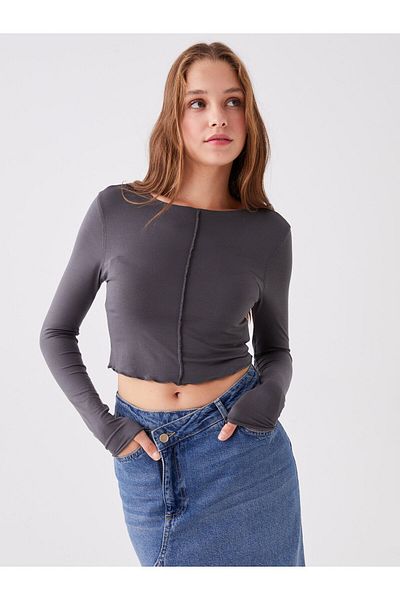 LC Waikiki Dámské triko Crew Neck Plain s dlouhým rukávem Crop