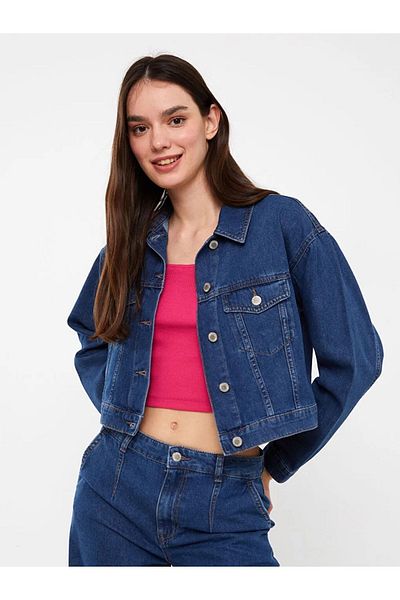 LC Waikiki Guler cămașă drept mânecă lungă Crop Jachetă de damă Jeans Ofstr