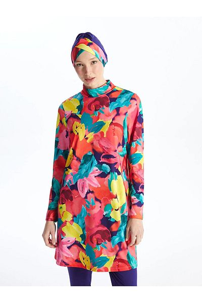 LC Waikiki LCW DREAM Σετ μαγιό Hijab με στάμπα με μακρυμάνικο γιακά