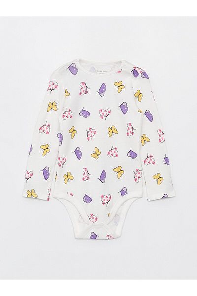 LC Waikiki Crew Neck Long Sleeve Printed Baby Girl Snap-On Bodysuit 2-Piece
