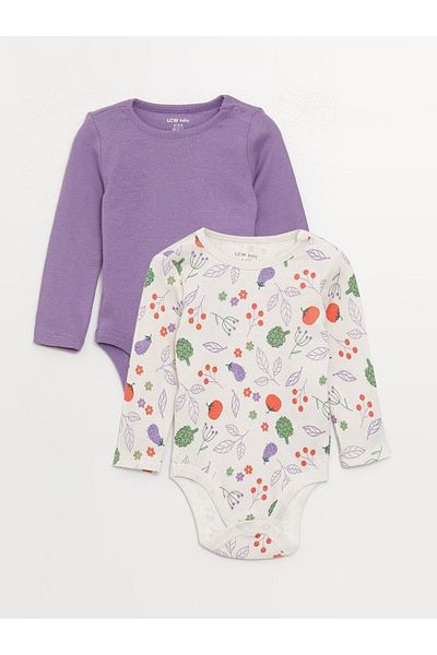 LC Waikiki Crew Neck Printed Snap-On Bodysuit for Baby Girl - Set of 2