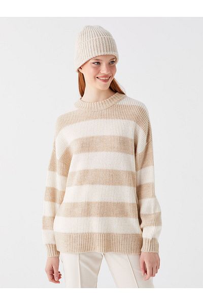 LC Waikiki Langärmliger Damen-Strickpullover mit Rundhalsausschnitt und Farbblockierung