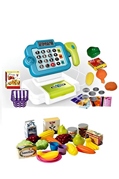 Depomiks Avm HUA-66105 Sesli ve Işıklı Dokunmatik Yazarkasa + 21 PARCA FİLEDE MEYVELER 2 Lİ SET