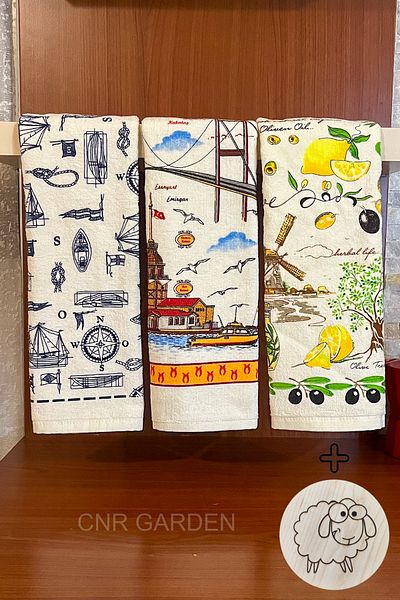 CNR Garden طقم مناشف مطبوعة قطنية مكون من 3 قطع من Meslina مقاس 30 × 50 سم، طقم مناشف مطبخ ناعمة منقوشة ممتصة للماء