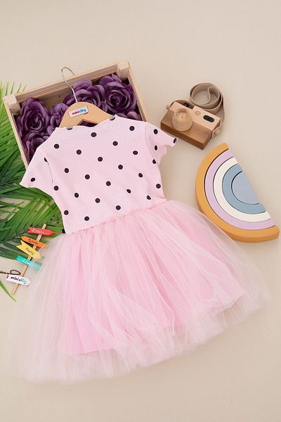 Bam Bam Giyim Daphne Ticaret Girl Polka Dot Tulle Half Sleeve Dress (2-3-4-5-6-7 YEARS)