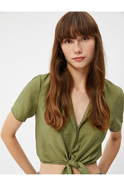 Koton Μείγμα βισκόζης με κοντό μανίκι Crop πουκάμισο με κουμπιά