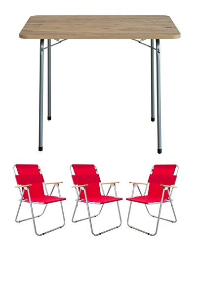 Bofigo 60x80 Çam Katlanır Masa + 3 Adet Katlanır Sandalye Kamp Seti Bahçe Bal...