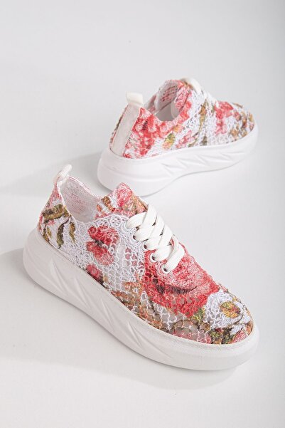 ElloLita Red Floral Patterned Lace Detailed Sneakers