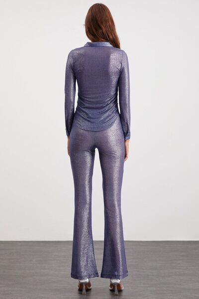 GRIMELANGE Bettıe Kadın Dar Kesim Parlak Kumaş Indigo Gömlek