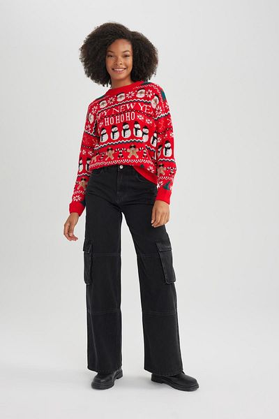 DeFacto Christmas Themed Crew Neck Knitwear Sweater A5425Ax23Cw