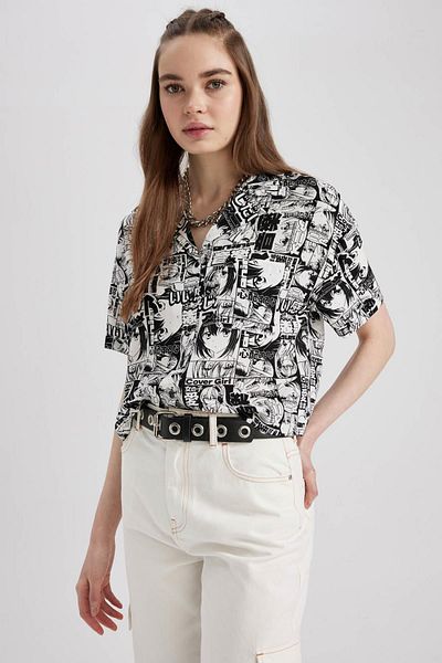 DeFacto Cămașă oversize cu mânecă scurtă imprimată cu guler pijama - Z2919az23sm