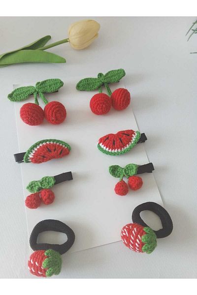 Kadın Girişimciler Atölyesi Karma Red Fruits Series Hanmade Knitted 8-Piece Snap Buckle Set