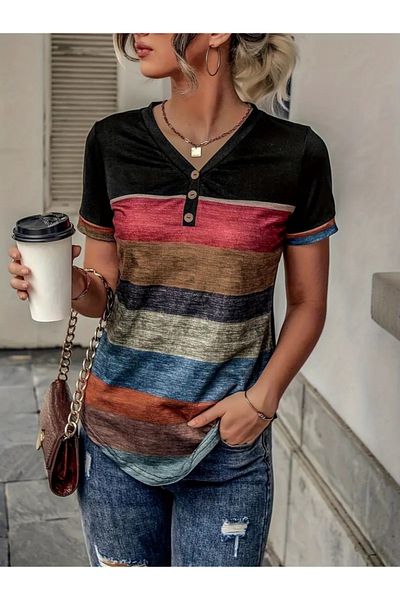 Kokosh moda Γυναικεία κοντομάνικη μπλούζα με κουμπιά με λαιμόκοψη V πολύχρωμη μπλούζα μονόχρωμη