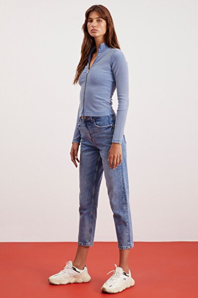 GRIMELANGE Μπλε γυναικεία μπλούζα Effie - γιακάς, μακρυμάνικο, φερμουάρ, εφέ πλυσίματος