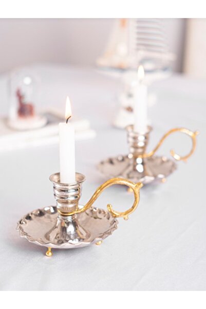 Bakır Shop Fırfırlı Gümüş Nikelaj Bakır El Şamdanı