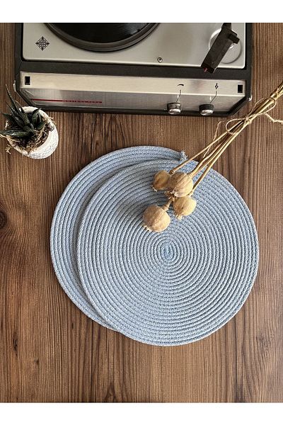 KARNAVAL HOME طبق من القش المحبوك من Volonte Baby Blue Jute American Service مكون من قطعتين