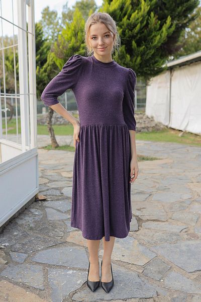 Avones Lână tricotată, viscoză, mânecă cu balon, rochie adunată violet